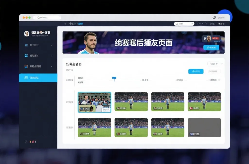 比赛结束后，电视屏幕展示集锦回放页面，旁边有时间轴和多角度切换提示